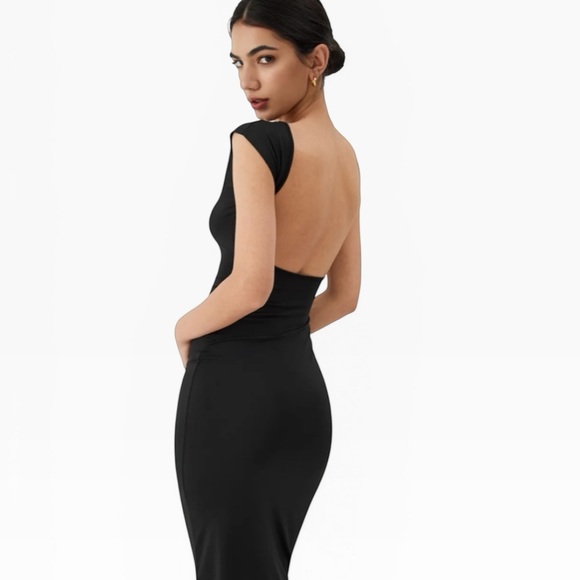COMMENSE BLACK BACKLESS MIDI DRESS SLEEK BODYCON MINIMALIST SIZE SMALL **NWT** - Picture 8 of 11